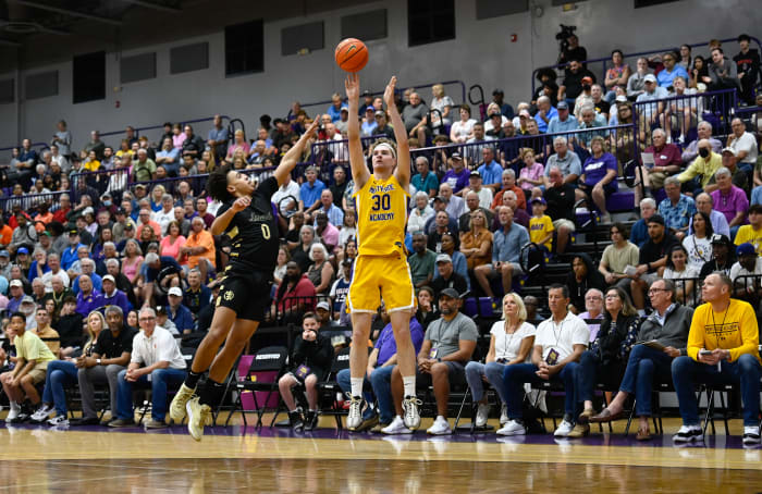 Montverde senior and Indiana commit Liam McNeeley shoots a three against Imani Christian (Pennsylvania) on Jan. 25, 2024.